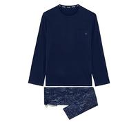 HOM Pyjama Long Kenny Ensemble de Pijama, Haut: Marine uni Bas: imprimé Floral au Trait en Ton sur Ton Fond Marine, XL Homme