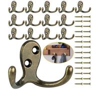 Homanu Lot de 14 crochets muraux robustes à double broche avec 28 vis, crochets muraux en laiton antique anti-rouille pour accrocher serviette, manteau, sac, chapeau, tasse, clé