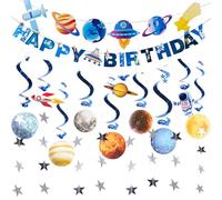 Homarkable Ensemble de décorations d'anniversaire préinstallées sur le thème de l'espace, comprenant 2 banderoles 'Joyeux anniversaire' et 10 guirlandes planétaires du système solaire
