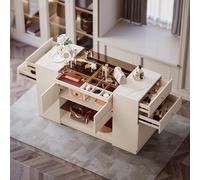 Homary Commode Chambre Adulte Blanche, Armoire 153 cm, Tour de Rangement Coiffeuse avec 4 Tiroirs, Îlot de Dressing en Verre avec Rangement pour Bijoux, Dressing Chambre Élégant, Style Moderne