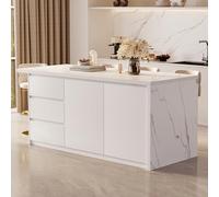 Homary Ilot Central Cuisine Blanc Extensible 183cm, Dessus à Motif en Marbre Carré, Portes & Tiroirs, Grand Rangement, MDF Qualité Supérieure, Multifonction Préparation/Repas (Blanc Mat et Blanc)