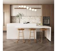 Homary Ilot Central Cuisine Extensible 2050mm-2680mm Plan de Travail avec Portes sans Chaise, Tiroirs Dessus Marbre Blanc, MDF Écologique, 3 Tiroirs 2 Étagères, Table Mangé Debout