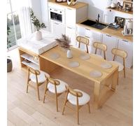 Homary Îlot Central de Cuisine Extensible 185-236 cm, Blanc & Bois Naturel, avec Rangement, 2 Tiroirs, Étagères Ouvertes et Placards, Table Repas Jusqu’à 6 Personnes, sans Chaises