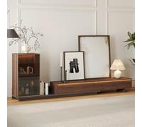Homary Meuble TV Extensible LED avec Armoire Latérale en Verre, Meuble TV Bois pour Salon 250-393cm, 3 Tiroirs, Noyer