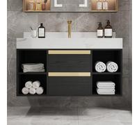 Homary Meuble Vasque Salle de Bain 100cm Suspendu, Meuble Salle de Bain avec Vasque en Céramique et Plateau en Pierre Frittée Blanc, Vanité Noire Moderne avec 2 Tiroirs Soft-Close et Étagères Ouvertes