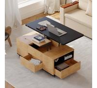 Homary Table Basse Relevable, Bureau avec Rangement Caché Salon Bois, Mode Bureau, Tournante Hydraulique, Meuble Convertible, Hauteur Réglable, Roues Verrouillables