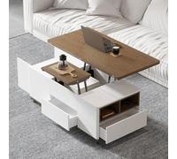 Homary Table Basse Relevable, Bureau avec Rangement Caché Salon Bois, Mode Bureau, Tournante Hydraulique, Meuble Convertible, Hauteur Réglable, Roues Verrouillables