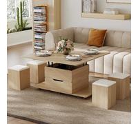 Homary Table Basse Relevable en Bois avec 4 Chaises Cachées Moelleuses, Tournante Hydraulique, Mode Bureau Salle à Manger, Rangement Intégré, Meuble Moderne Multi-Fonction Claire