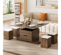 Homary Table Basse Relevable en Bois avec 4 Chaises Cachées Moelleuses, Tournante Hydraulique, Mode Bureau Salle à Manger, Rangement Intégré, Meuble Moderne Multi-Fonction Noir Noyer