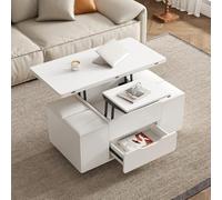 Homary Table Basse Relevable en Bois avec 4 Chaises Cachées Moelleuses, Tournante Hydraulique, Mode Bureau Salle à Manger, Rangement Intégré, Meuble Moderne Multi-Fonction Blanc