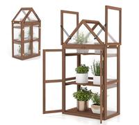 HOMASIS 1.3m Mini Serre de Jardin à 3 Niveaux Transparente en Polycarbonate, Serre d'Hivernage Plante Exterieur avec 2 Porte Toit Ouvrant avec Étagères Réglables, Cadre en Bois de Sapin, 71x41x133cm