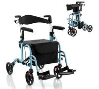 HOMASIS 2 en 1 Déambulateur Pliable Hauteur Réglable avec 4 Roues, Poignée Frein à Main Porte-Parapluie, Rollator Léger avec Dossier Réversible pour Personnes Âgées, Handicapées Charge 136 kg (BLEU)