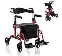 HOMASIS 2 en 1 Déambulateur Pliable Hauteur Réglable avec 4 Roues, Poignée Frein à Main Porte-Parapluie, Rollator Léger avec Dossier Réversible pour Personnes Âgées, Handicapées Charge 136 kg (ROUGE)