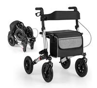 HOMASIS 2 en 1 Déambulateurs 4 Roues Pliable Léger-Facile à plier-Siège réglable en hauteur sur 7 Positions, Fauteuil Roulant,Aides à la Marche pour Handicapés,Personnes âgées,Charge 140 kg (argent)