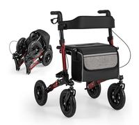 HOMASIS 2 en 1 Déambulateurs 4 Roues Pliable Léger-Facile à plier-Siège réglable en hauteur sur 7 Positions, Fauteuil Roulant,Aides à la Marche pour Handicapés,Personnes âgées,Charge 140 kg (rouge)