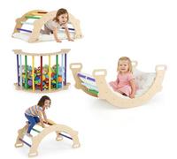 HOMASIS 2 en 1 Escalade Enfant d'Intérieur en Bois Montessori, Triangle d'escalade avec Coussin, Parcours Motricité Bébé, Cheval à Bascule pour Enfant 3 Ans+ (Muticolore)