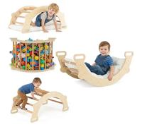 HOMASIS 2 en 1 Escalade Enfant d'Intérieur en Bois Montessori, Triangle d'escalade avec Coussin, Parcours Motricité Bébé, Cheval à Bascule pour Enfant 3 Ans+ (Naturel-2)