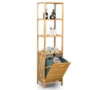 HOMASIS 2 en 1 Étagère de Salle de Bain avec Panier à Linge Amovible et 3 Niveaux,Panier à Linge en Bambou,Étagère Bain Corbeille pour Serviettes et Articles de Toilette,40 x 33 x 160 cm,Naturelle