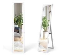 HOMASIS 2 en 1 Miroir de Sol Mural en Verre Incassable, Miroir de Sol à Figure Entière avec Cadre en Bois, Miroir Rectangulaire à Suspendre pour Chambre,Couloir, Salle de Bain 37 x 50 x 148 cm (blanc)