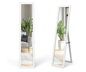HOMASIS 2 en 1 Miroir de Sol Mural en Verre Incassable, Miroir de Sol à Figure Entière avec Cadre en Bois, Miroir Rectangulaire à Suspendre pour Chambre,Couloir, Salle de Bain 37 x 50 x 148 cm (blanc)
