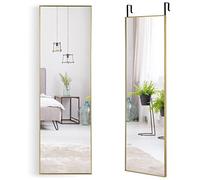 HOMASIS 2 en 1 Miroir Mural Suspendu sur Porte Réglable en Hauteur Miroir Rectangulaire sur Pied en Verre Incassable avec 2 Crochets Miroir de Corps Entier Cadre en Métal pour Chambre Salon(Or)