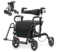 HOMASIS 2 en 1Déambulateurs Pliable Léger-Facile à plier-Siège Réglable en Hauteur, Fauteuil Roulant, Chariot en Aluminium Aides à la Marche pour Handicapés, Personnes âgées Charge 160 kg