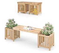 HOMASIS 3/2 en 1 Banc de Jardin en Bois de Sapin, Banc de Terrasse Extérieur avec 2 Bacs à Fleurs et 2 Plates-Bandes Latérales, Lit de Jardin Surélevé pour Jardin Pelouse (Naturel, 173x40x48CM)