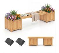 HOMASIS 3 en 1 Banc de Jardin en Bois de Sapin, Banc de Terrasse Extérieur avec 2 Bacs à Fleurs et 2 Plates-Bandes Latérales, Lit de Jardin Surélevé pour Jardin et Pelouse (Naturel,169x35x35cm)