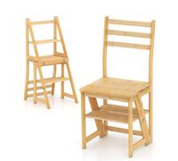 HOMASIS 3 en 1 Chaise Pliante en Bambou Convertible en Escabeau avec Verrous de Sécurité, Support de Plantes Multifonctionnel en Bois pour Salon, Bibliothèque, Cuisine, Bureau, Capacité de 150 kg