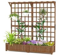 HOMASIS 3 en 1 Lit de Jardin Surélevé en Bois avec Treillis, Jardinière d’Extérieur avec Trous de Drainage et Bac à Plantes, pour Plantes Grimpantes, Légumes, Fleurs, 180 x 48 x 183 cm (Marron)