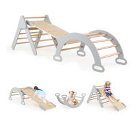 HOMASIS 3 en 1 Structure à Grimper Montessori Multifonction, Triangle d'escalade avec Toboggan, Arc, Jeu d'escalade avec Slide d'apprentissage pour Crèche, Maison pour Enfants de 1 an+ (Gris)