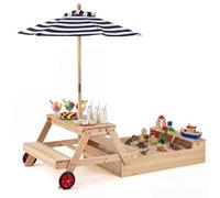 HOMASIS 3 en 1 Table de Pique-Nique en Bois, Ensemble de Sièges, avec Bac à Sable et Parasol Réglable, à 2 Roues, Table Démontable, Espaces de Rangement, pour Jardin, Plage et Balcon