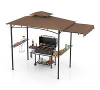 HOMASIS 3 m Tonnelle de Jardin Pliante Extérieur avec Auvent Latéral, Gazebo Barbecue avec Double Toit, 2 Tables, Crochets et Ouvre-Bouteilles, Pergola de Réception Résistant aux Intempéries (Brun)