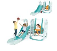 HOMASIS 4 en 1 Ensemble de Toboggan Intérieur, Aire de Jeux pour Enfants avec Toboggan Pliable, Escalier, Balançoire Réglable, Panier de Basket, Ballon de Basket Gonflable et Pompe, Jouet pour Enfant