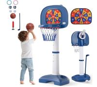 HOMASIS 4 en 1 Panier de Basket Multifonction pour Enfant Hauteur Réglable de 111 à 146 cm, avec Lancement à Anneaux, Balle Adhésive et Golf,Support, Balles et Clubs de Golf, pour Enfant 3 Ans +