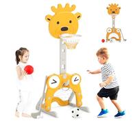 HOMASIS 4 en 1 Panier de Basket pour Enfant Intérieur Extérieur, Panier de Basket-Ball sur Pied Hauteur Réglable avec But de Football, Balles et Club de Golf, pour 3-10 Ans (Chevreuil)