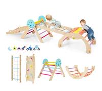 HOMASIS 4 en 1 Triangle à Grimper Montessori, Cadre d'escalade avec Arche, Rampe, Corde & Échelle, Aire de Jeux Éducative pour Enfants 3 Ans+ (Astre, Couleur)