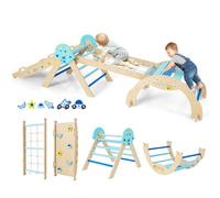 HOMASIS 4 en 1 Triangle à Grimper Montessori, Cadre d'escalade avec Arche, Rampe, Corde & Échelle, Aire de Jeux Éducative pour Enfants 3 Ans+ (Astre, Bleu)