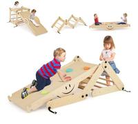 HOMASIS 5 en 1 Aire de Jeux d'escalade en Bois Pliable Montessori, Triangle d'escalade de Pikler d'Intérieur avec Rampe Toboggan échelle Bascule, Structure à Grimper pour Enfant 3 + an (Naturel)