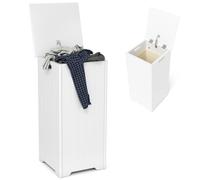 HOMASIS 52L Panier à Linge en Bois avec Couvercle,Corbeille à Linge de Salle de Bain,Conteneur de Chiffons Sales,Seau à Linge 30 x 30 x 61 cm, Blanc (avec poche intérieure)