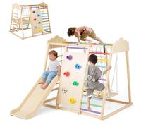 HOMASIS 8 en 1 Aire de Jeux Intérieur Enfant, Triangle Escalade en Bois Montessori avec Toboggan, Échelle, Mur d'escalade, Balançoire, Parcours Motricité Exterieur pour Enfant 3 Ans et +