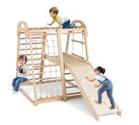 HOMASIS 8 en 1 Structure d'escalade en Bois, Aire de Jeu Montessori avec Toboggan, Barre de Singe, Balançoire, Échelle en Corde, Plateforme, pour Enfants de 3 à 5 Ans (Naturel)