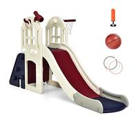 HOMASIS Aire de Jeux avec Toboggan, Panier de Basket, Garde-Corps Haut et pédale Amovible, Ensemble Toboggan intérieur et extérieur pour Enfants 3+ Ans, 189,5x83x98cm (Bleu)