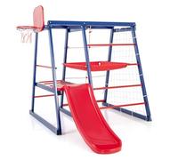 HOMASIS Aire de Jeux extérieure avec Toboggan, Jeu d'échelles à Grimper, échelle de Corde, Filet de Football, Panier de Basket, Plateforme en Tissu, pour Les Enfants de 3 à 7 Ans, 150x142x146cm