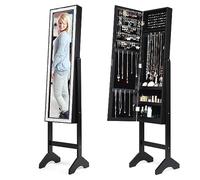 HOMASIS Armoire à bijoux 2 en 1 avec miroir complet et étagère d'échelle, étagère à bijoux avec cadre en diamant en bois, armoire à miroir autoportante avec angle réglable pour colliers, bagues et