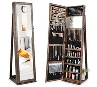 HOMASIS Armoire à bijoux 3 en 1 avec 2 miroirs & étagère échelle, étagère à bijoux verrouillable avec miroir intégral & miroir de courtoisie en bois, armoire à glace pour colliers, bagues (brun)