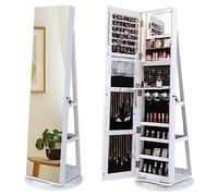 HOMASIS Armoire à bijoux 3 en 1 avec miroir intégral - Miroir rotatif à 360° avec serrure - Rangement de bijoux avec lumières LED - Organisateur de maquillage avec étagères à l'arrière (blanc)