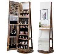HOMASIS Armoire à bijoux 3 en 1 avec miroir intégral - Miroir rotatif à 360° avec serrure - Rangement de bijoux avec lumières LED - Organisateur de maquillage avec étagères à l'arrière (marron vintage