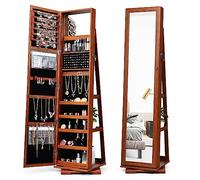HOMASIS Armoire à bijoux avec miroir et étagère en échelle, pivotant sur 360°, Organisateur de boucles d'oreilles avec crochet à chaîne et fermoir à anneau,39x39x161cm (Marron)