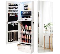 HOMASIS Armoire suspendue pour bijoux, boîte à bijoux avec miroir et serrure avec éclairage LED 3 couleurs, armoire de maquillage avec étagère pliable, meuble à suspendre au mur, 120 x 37 x 11 cm